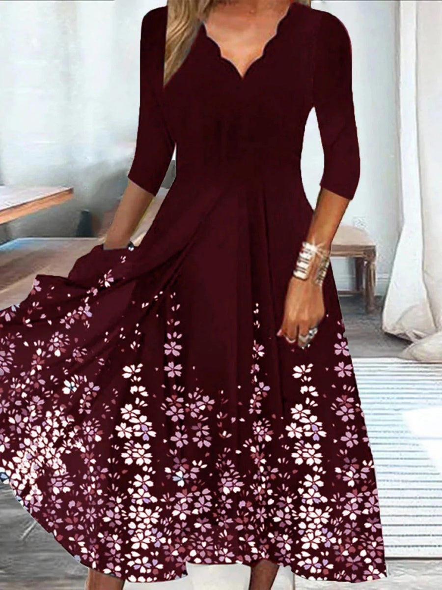 Scallop | Floral Scalloped V-Neck 3/4 Sleeve Midi Dress