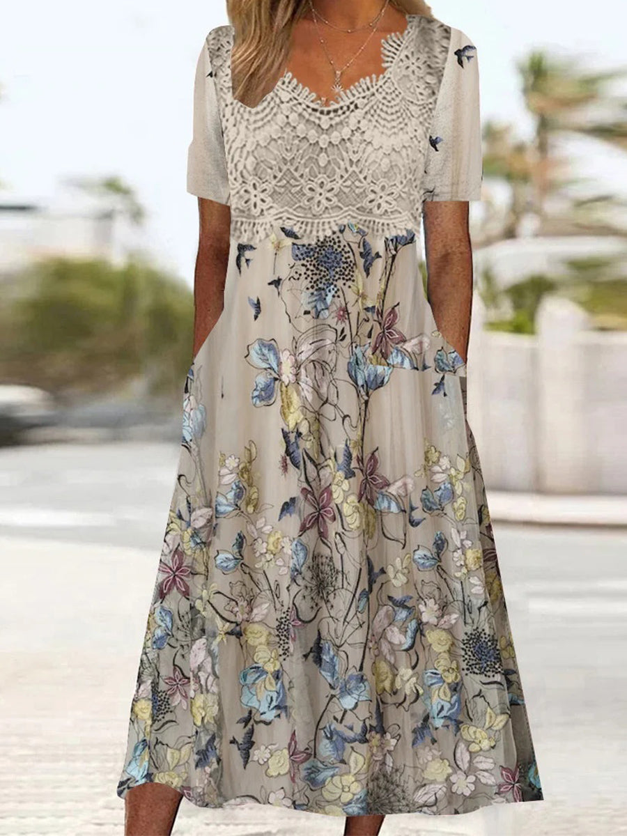 Celeste | Graphic Print Lace Stitch V-Neck Midi Dress