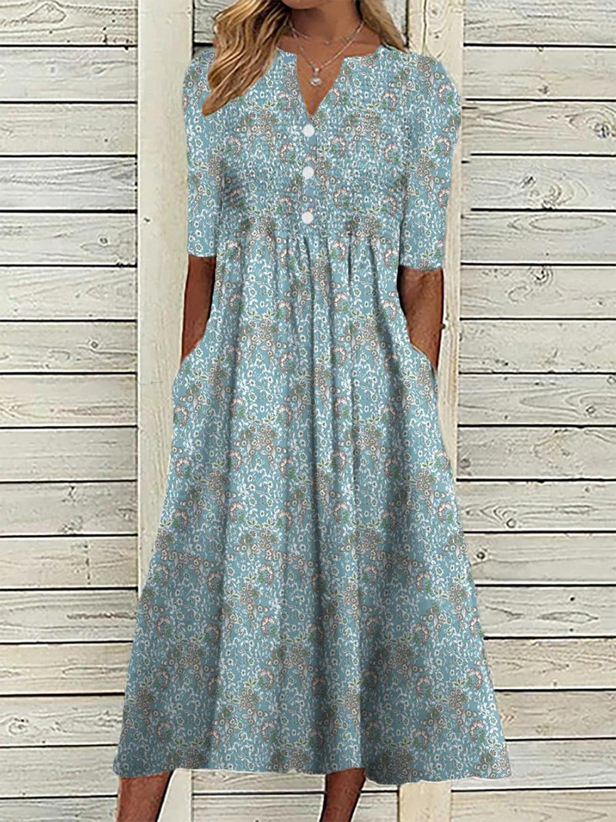 Margot | Floral Pleated Midi Dress with Pockets