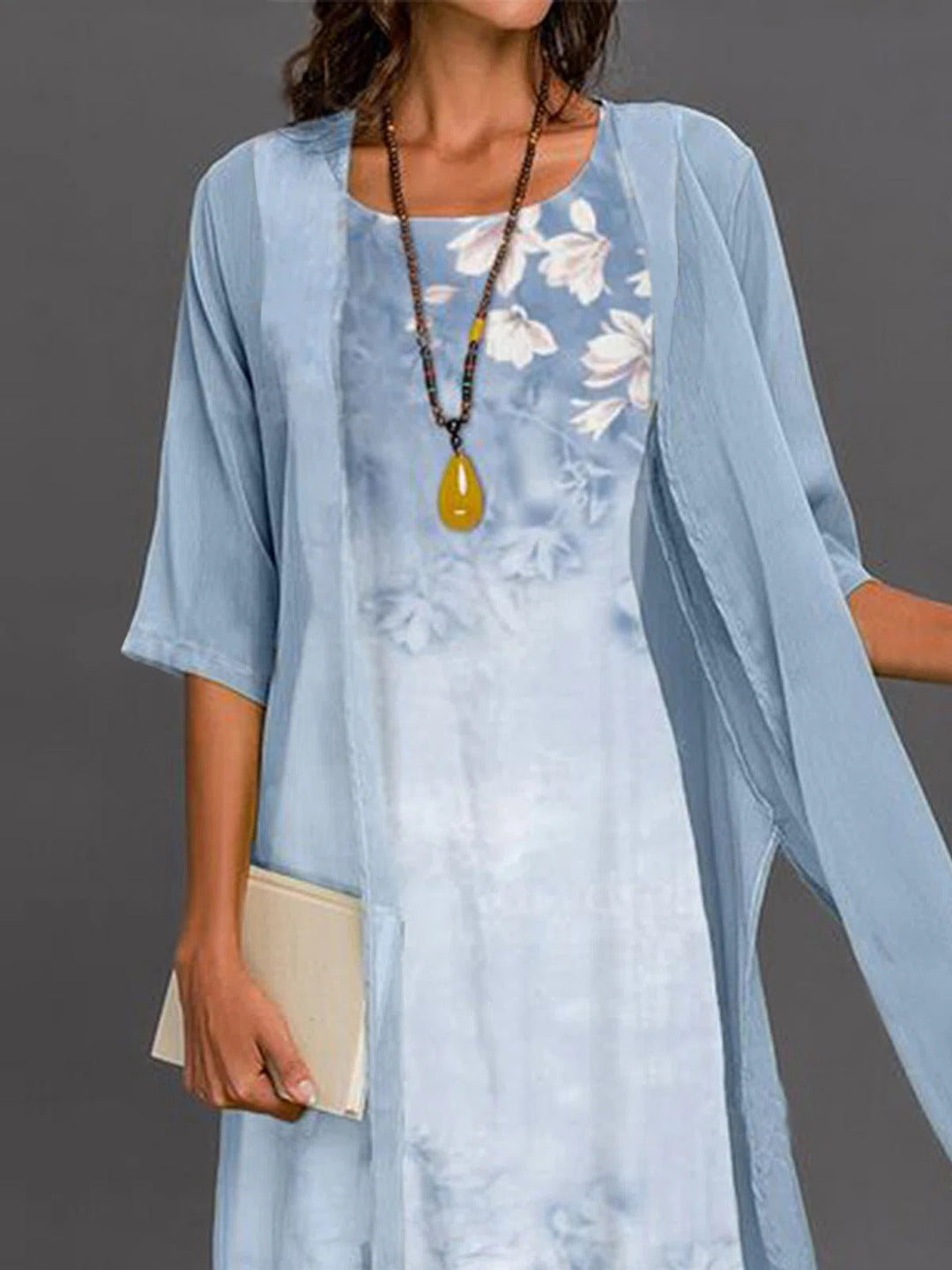 Stella | Floral Midi Dress with Sheer Long Cardigan Set