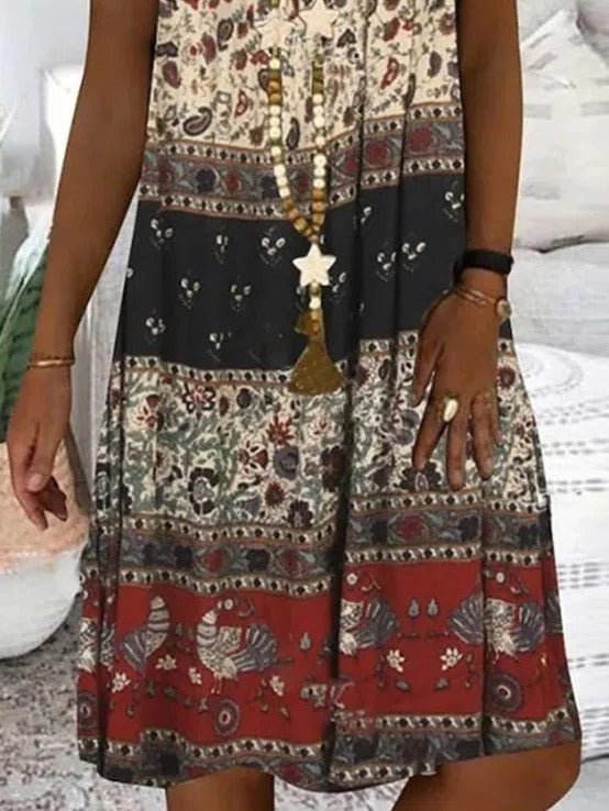 Roxanne | Boho Patchwork Print Midi Dress with Pockets