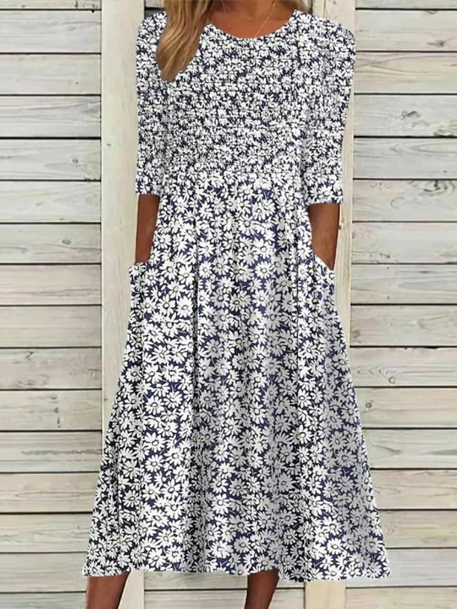 Willa | Smocked Floral Half Sleeve Midi Dress with Pockets
