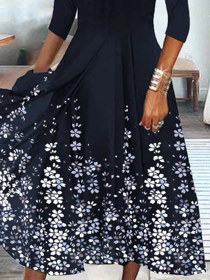 Scallop | Floral Scalloped V-Neck 3/4 Sleeve Midi Dress