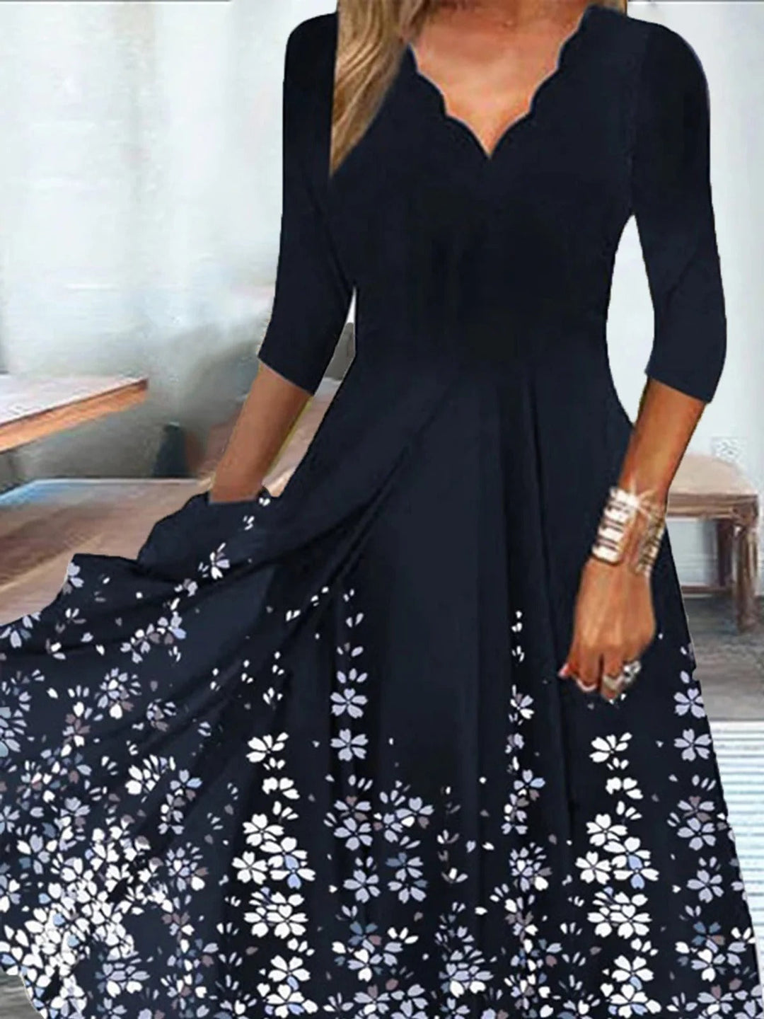 Scallop | Floral Scalloped V-Neck 3/4 Sleeve Midi Dress