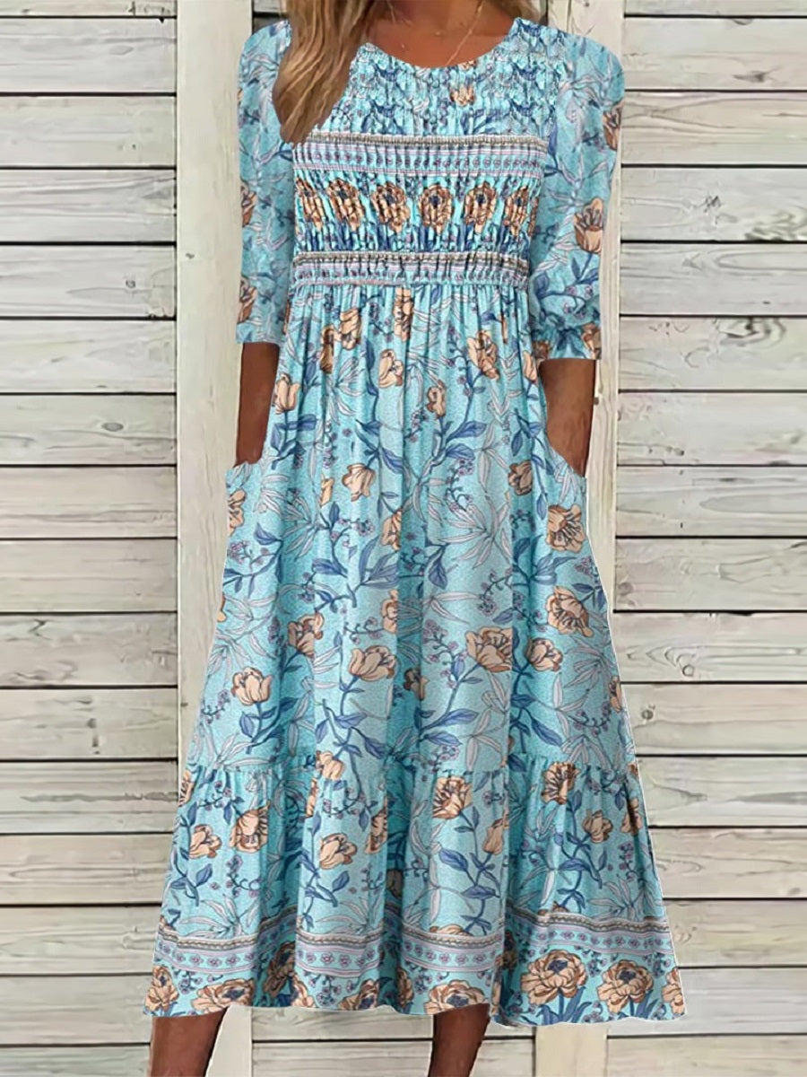 Saoirse | Floral Smocked Boho Midi Dress with Pockets