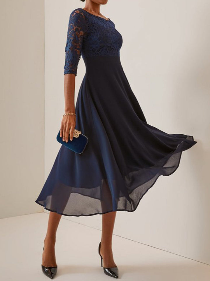 Eloise | Lace Chiffon 3/4 Sleeve Formal Midi Dress