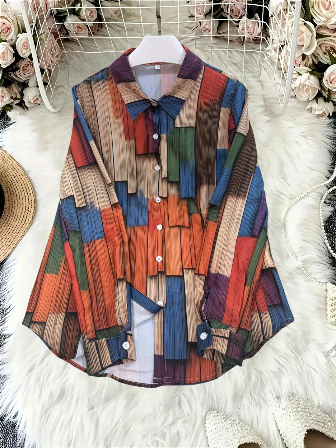 Greta | Geometric Print Collared Long Sleeve Blouse