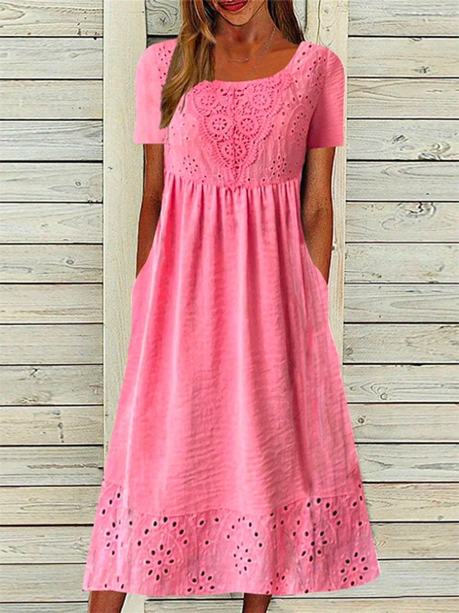Cleo | Casual Plain Pink Crew Neck Maxi Dress