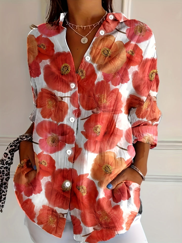 Ruby | Red Floral Button-Front Plus Size Blouse