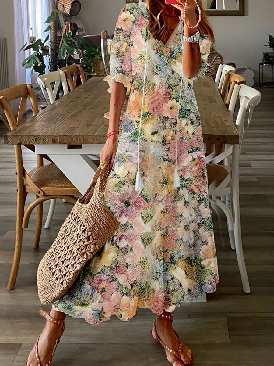 Lavinia | Floral Loose V-Neck Half Sleeve Maxi Dress