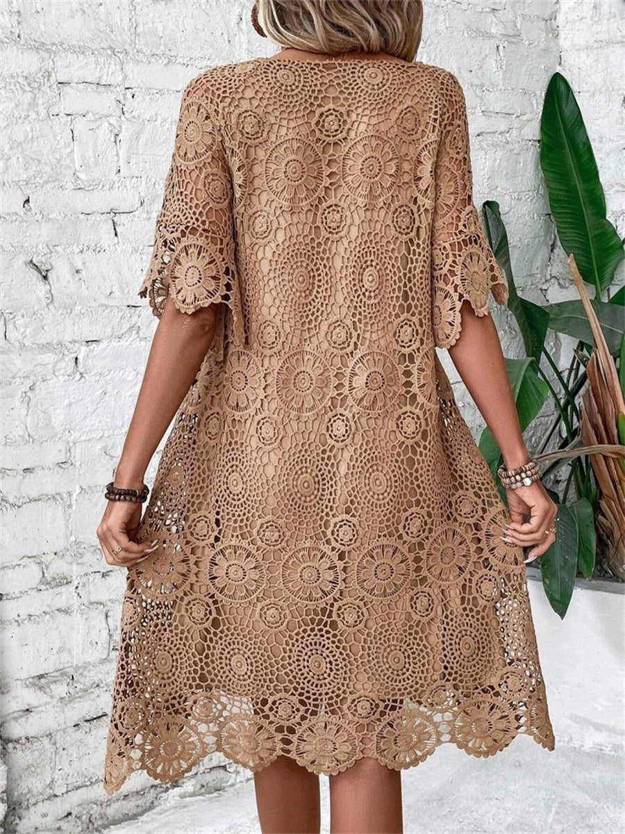 Cleo | Khaki Lace Hollow-Out Crew Neck Short Dress