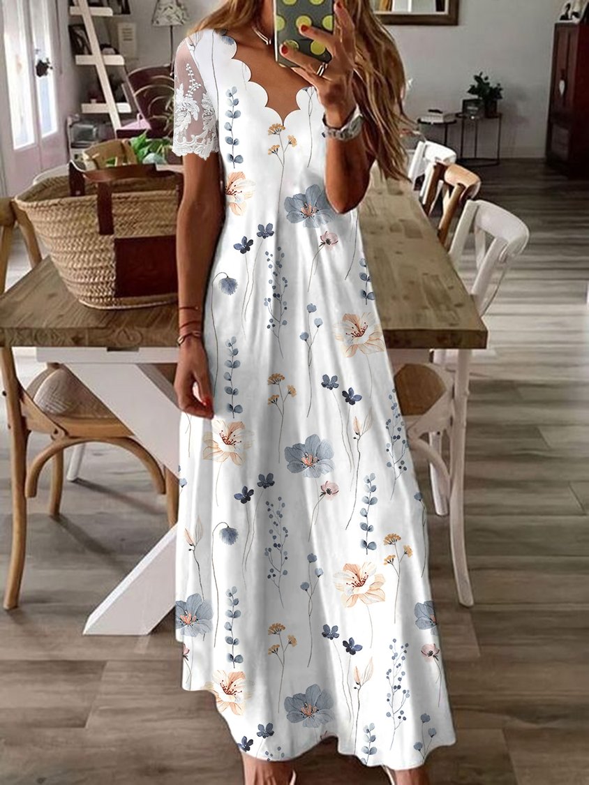Estelle | Floral Lace Sleeve Scallop Neck Maxi Dress