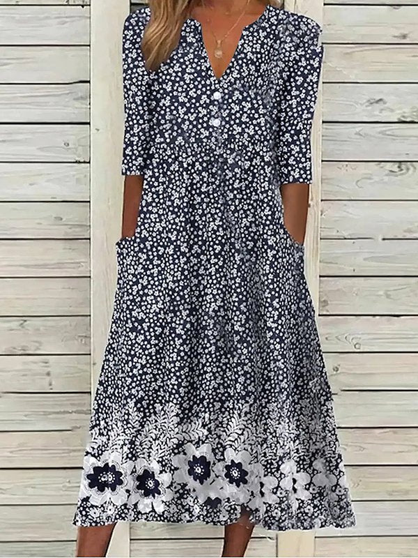 Bianca | Dark Blue Floral V-Neck Half Sleeve Dress