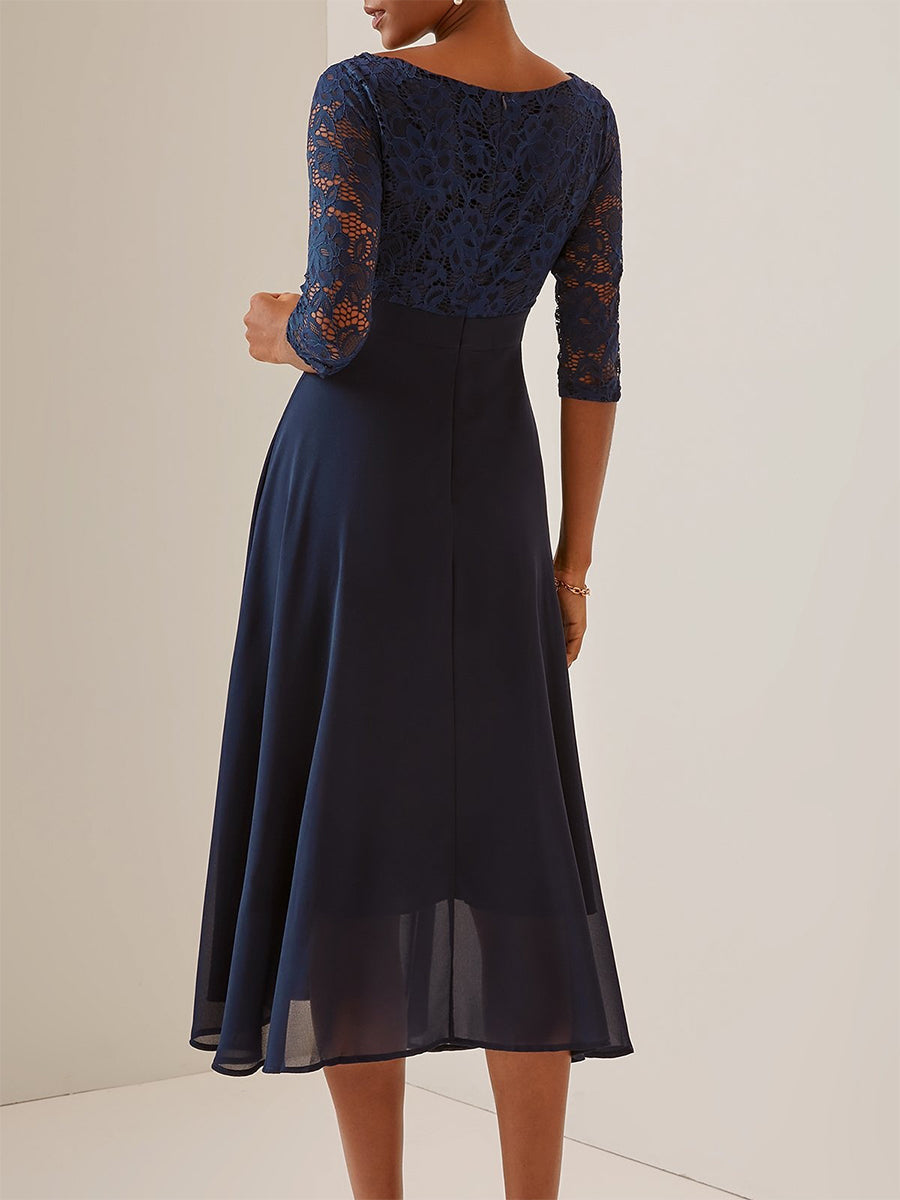 Eloise | Lace Chiffon 3/4 Sleeve Formal Midi Dress