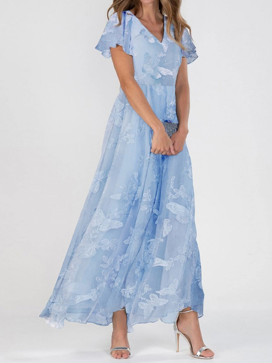 Azure | Blue Floral V-Neck Short Sleeve Maxi Dress