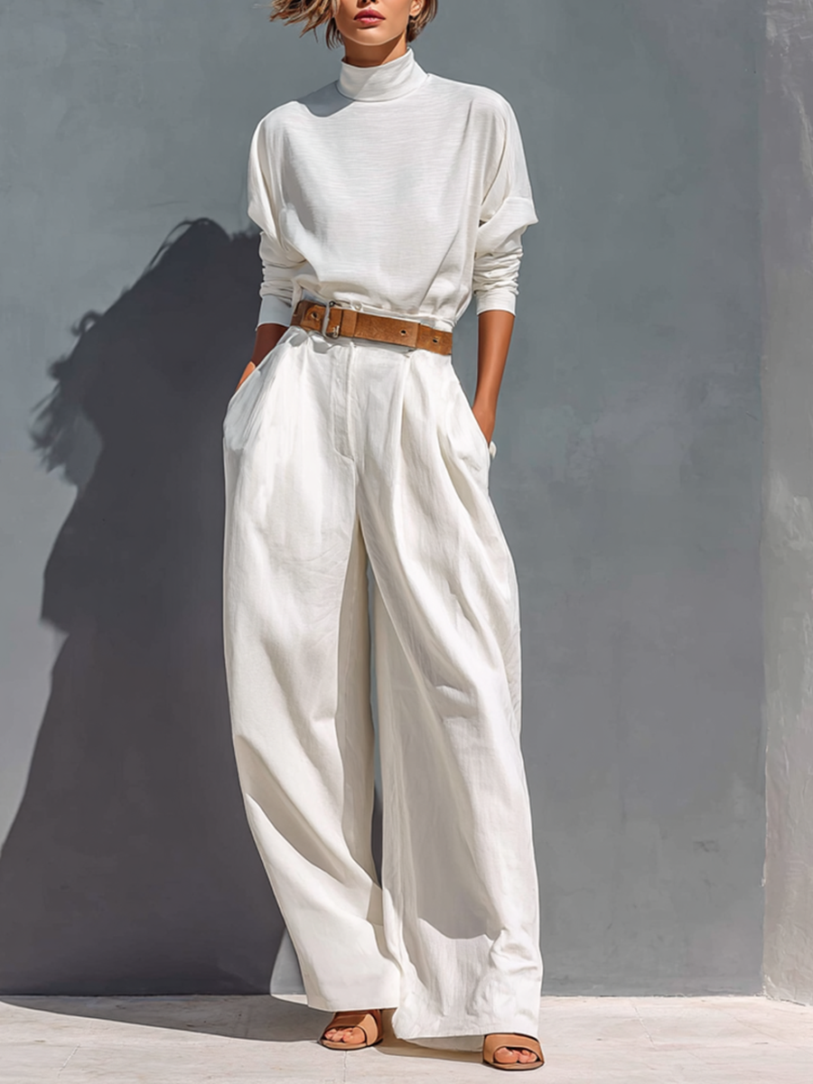 All White Half High Neck Long Sleeve Loose T-shirt Wide Legs Two-piece Set (Belt Not Included)