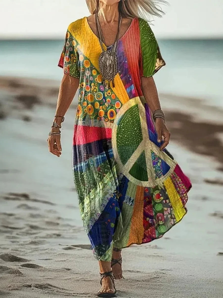 Vivienne | Vintage Colourful V-Neck Short Sleeve Dress
