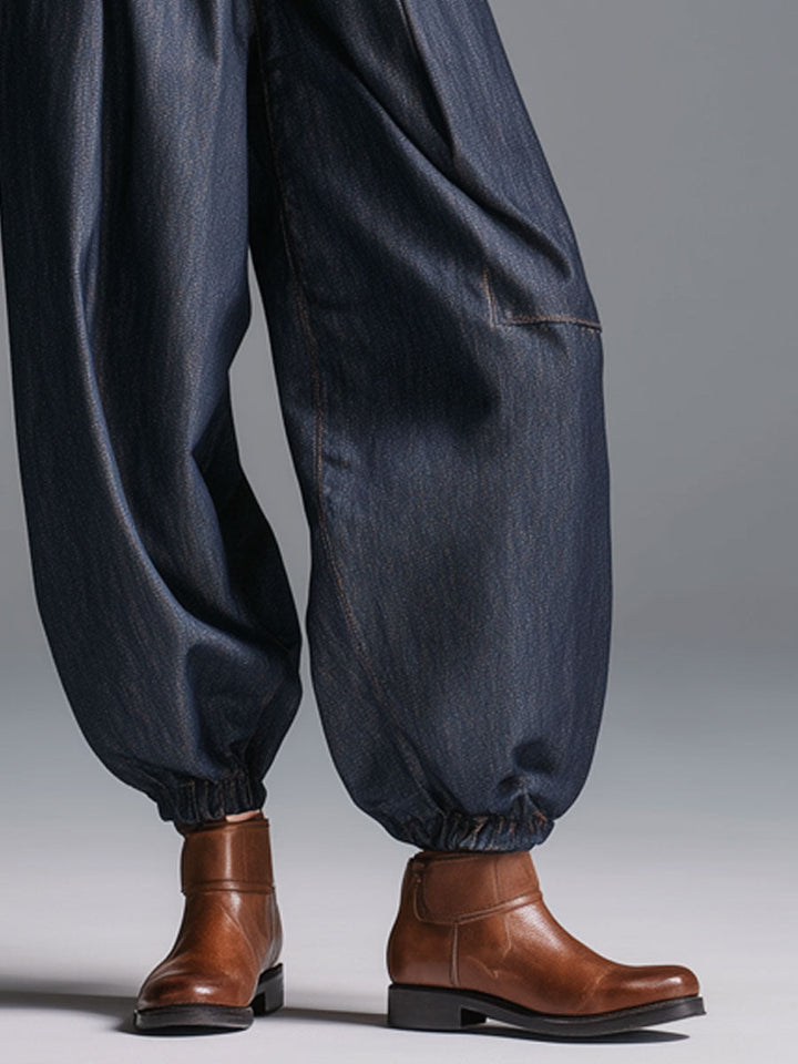 Fashion Retro Elastic Waist Navy Blue Lantern Jeans