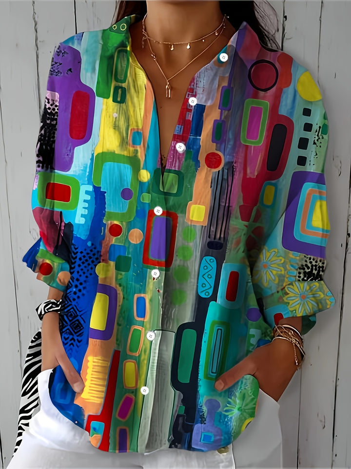 Geo | Geometric Print Button-Front Long Sleeve Blouse