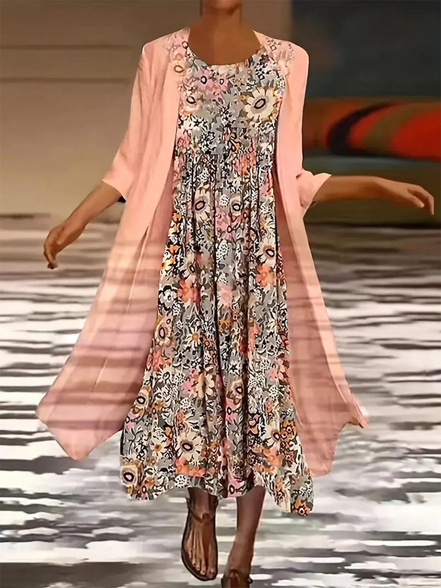 Amber | Floral Midi Dress & Open Front Cardigan Set