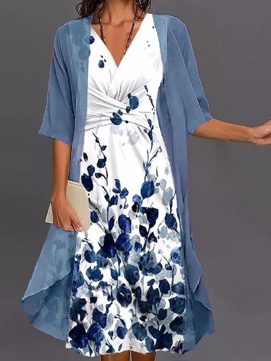 Petra | Floral Midi Dress with Chiffon Open-Front Cardigan