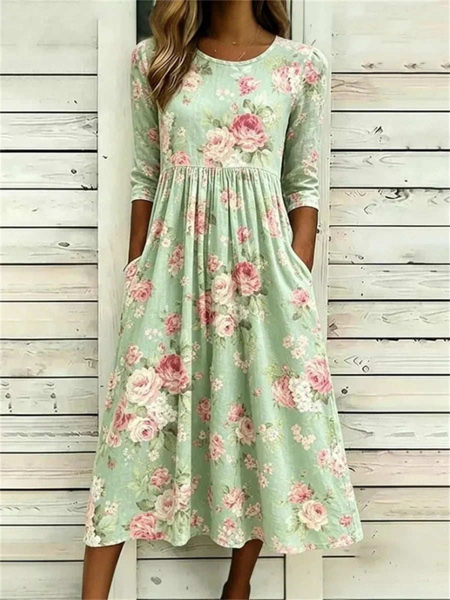 Fleur | Vintage Floral Round Neck 3/4 Sleeve Dress