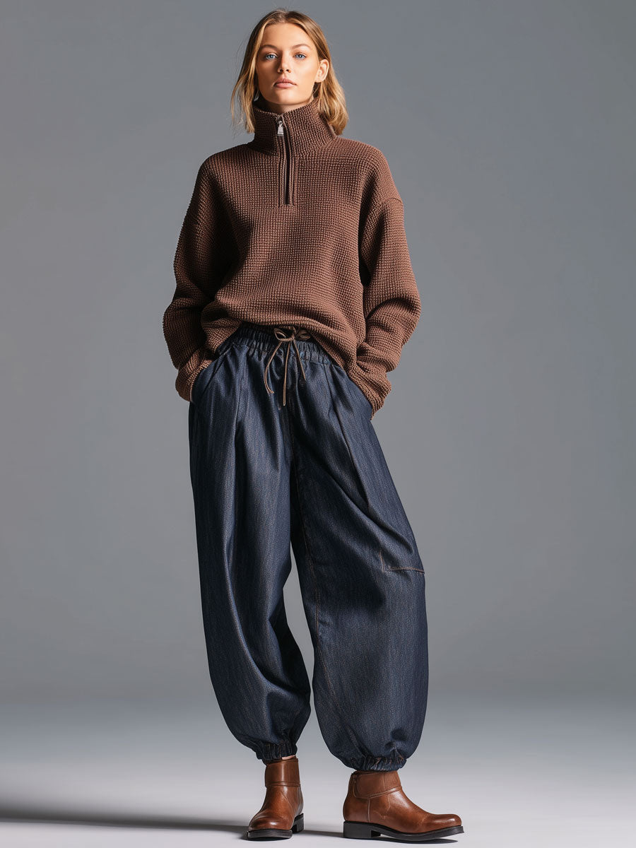 Fashion Retro Elastic Waist Navy Blue Lantern Jeans