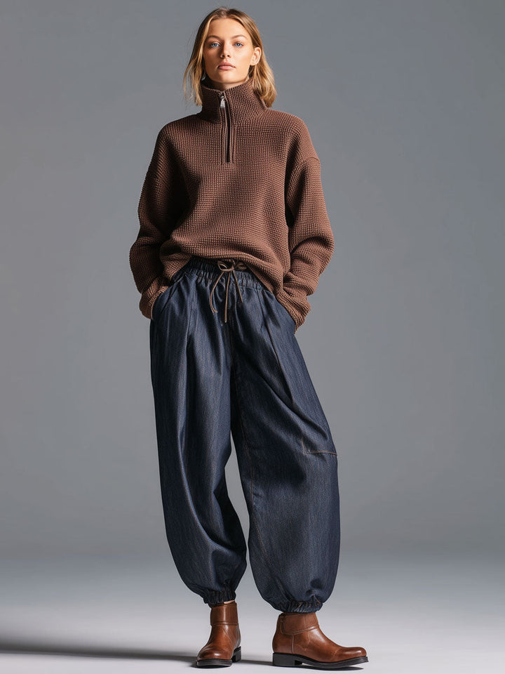 Fashion Retro Elastic Waist Navy Blue Lantern Jeans