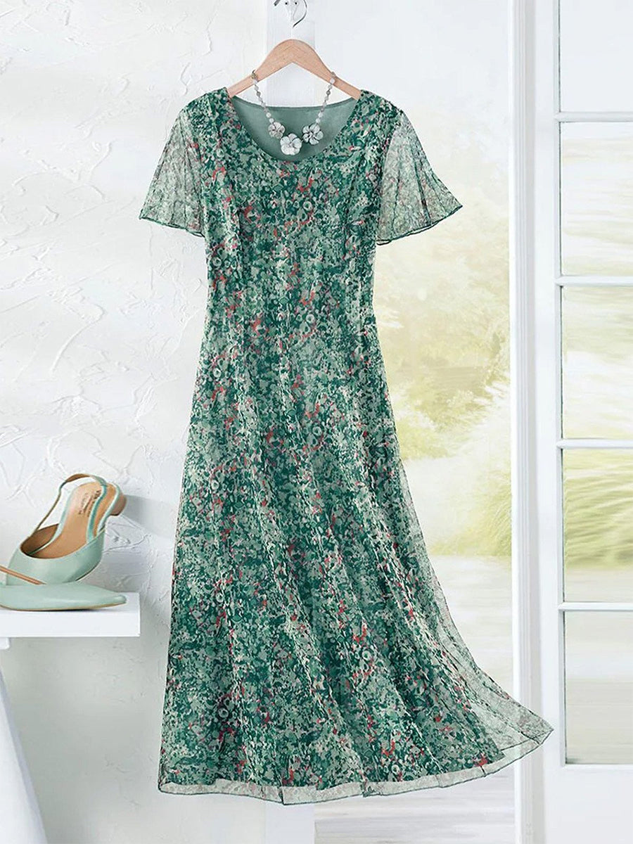 Emerald | Green Floral Chiffon Flutter Sleeve Midi Dress