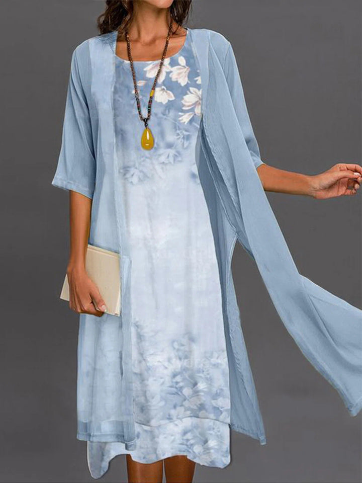 Stella | Floral Midi Dress with Sheer Long Cardigan Set