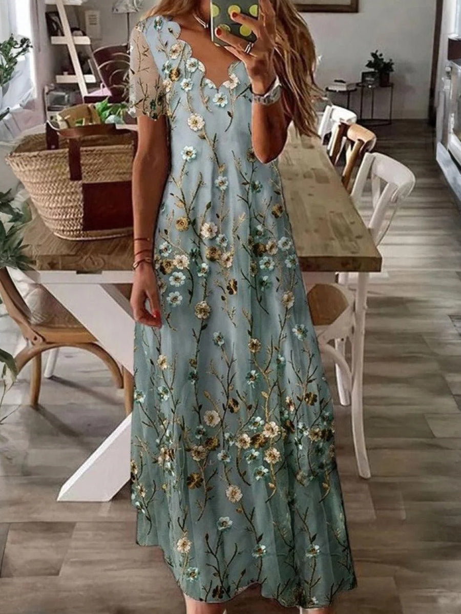 Iris | Fresh Floral V-Neck Short Sleeve Maxi Dress