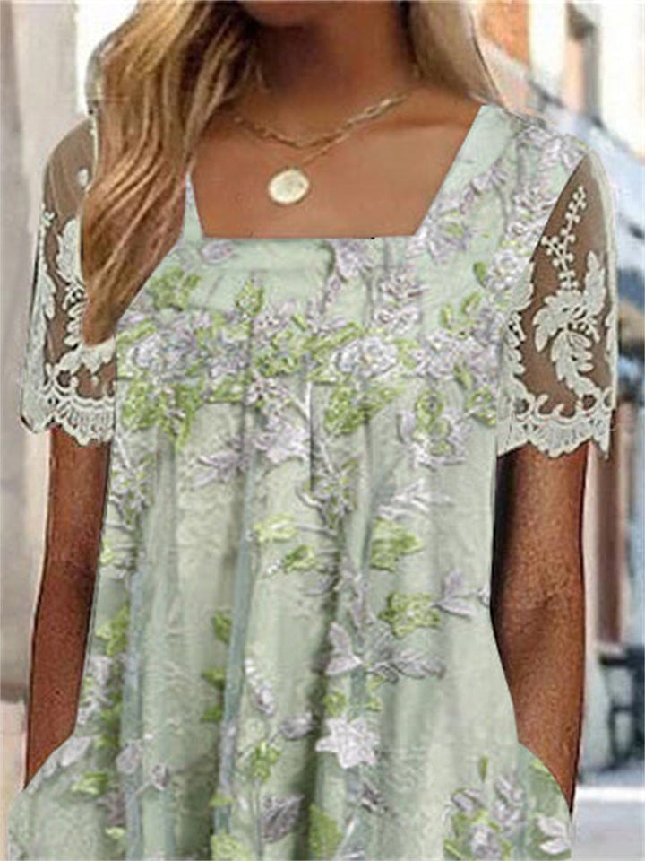 Fern | Floral Lace Stitch Square Neck Midi Dress