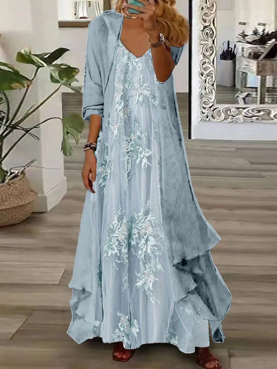 Lena | Floral Long Sleeve V-Neck Two-Piece Maxi Dress
