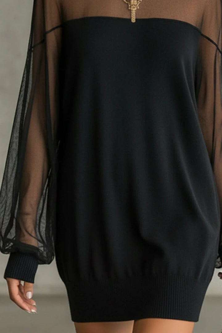 Sheer-Sleeve High-Neck Mini Dress