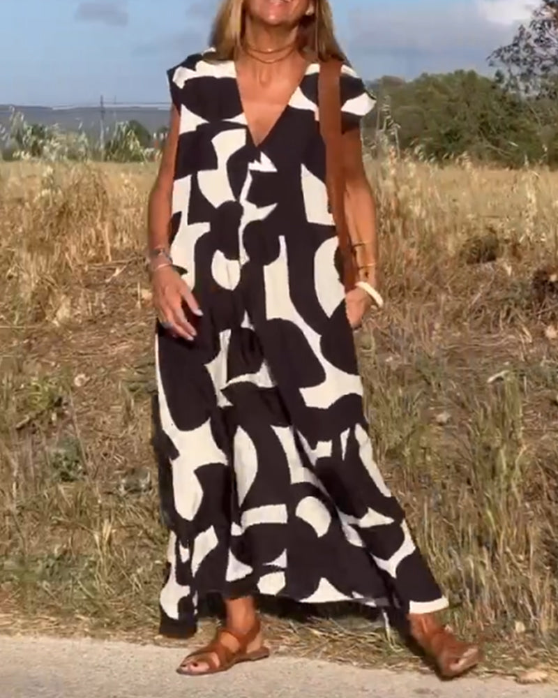 Stylish dress with a trendy print and V-neck