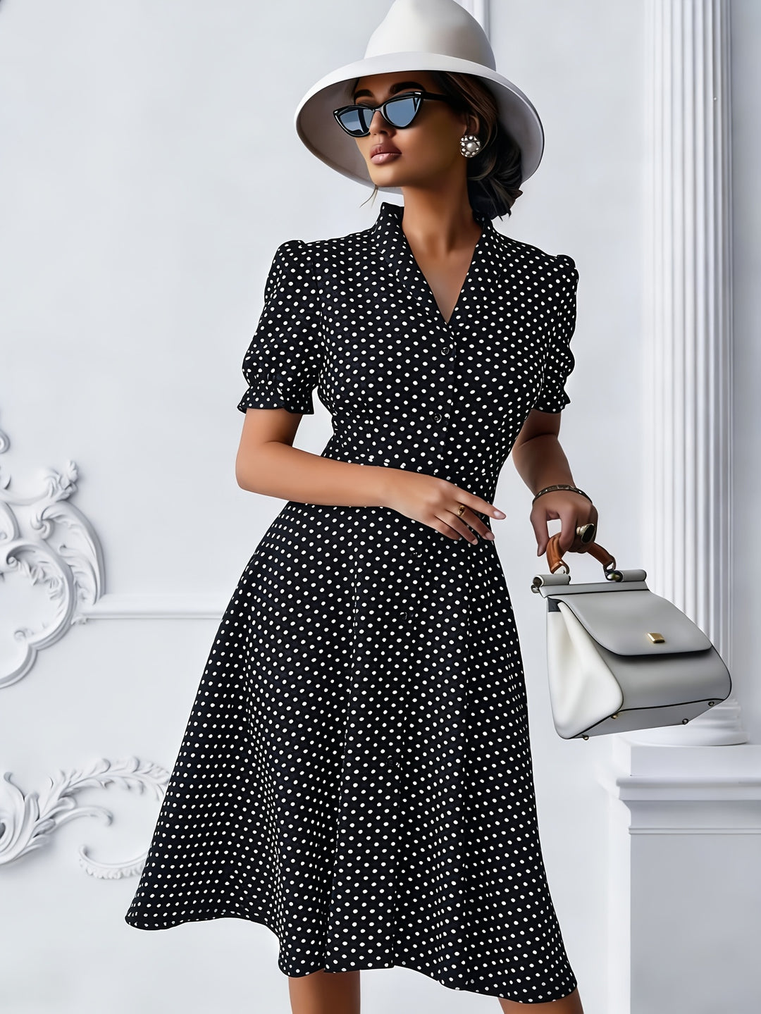 VIVIENNE™ - Elegant Polka Dot Wrap Midi Dress