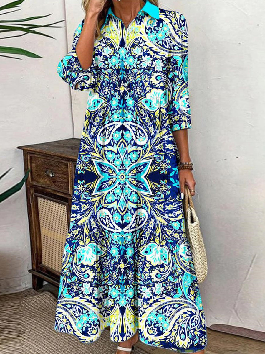 Vivien | Blue Lapel 3/4 Sleeve Maxi Dress