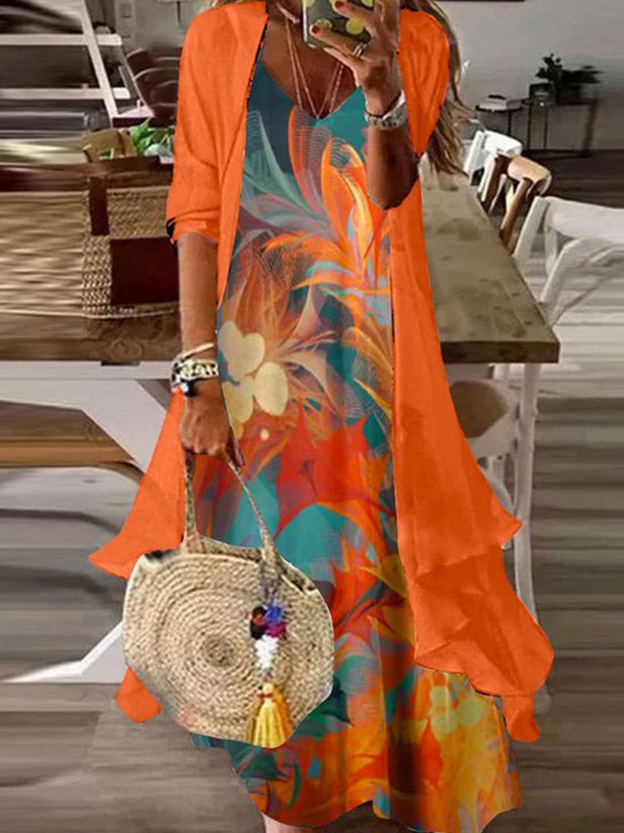 Victoria | Orange Print Maxi Dress with Jacket Set