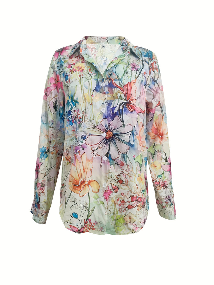 Margot | Retro Floral Button-Front Long Sleeve Blouse