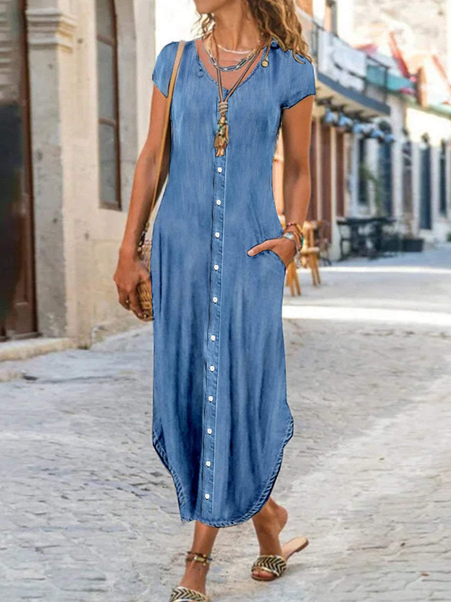 Dolly | Sweetheart Denim Button-Front Pocket Maxi Dress