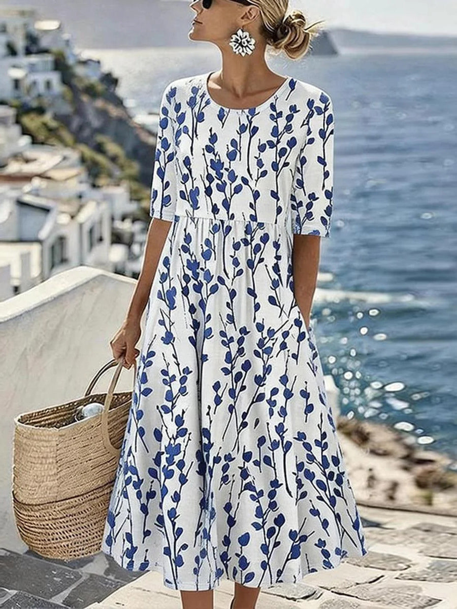 Coral | Coastal Botanical Print Round Neck Midi Dress