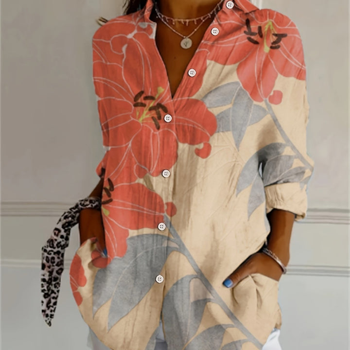 Amber | Retro Geometric Floral V-Neck Long Sleeve Blouse