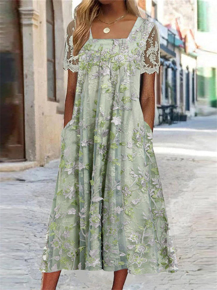 Fern | Floral Lace Stitch Square Neck Midi Dress
