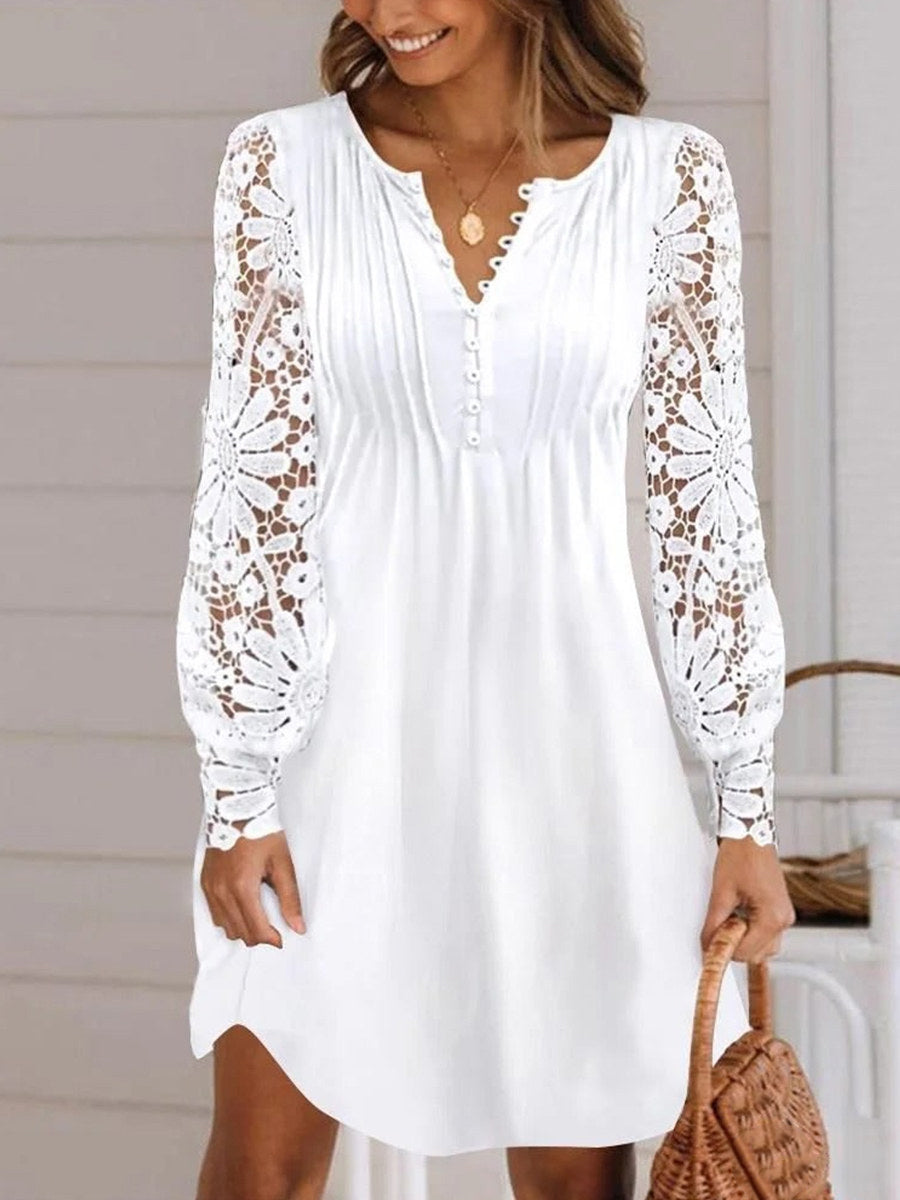 Ivory | Casual Solid V-Neck Long Sleeve Midi Dress