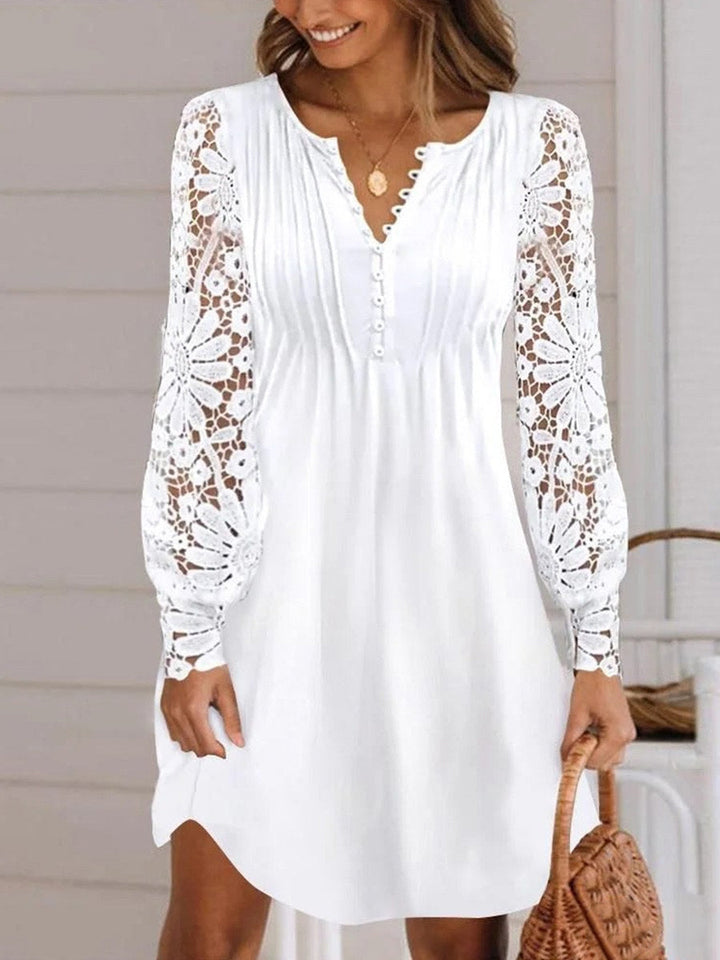 Ivory | Casual Solid V-Neck Long Sleeve Midi Dress