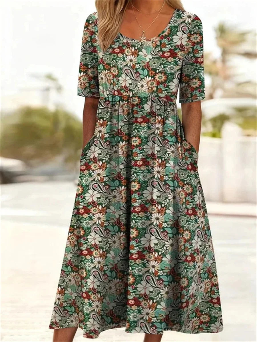 June | Vintage Floral Round Neck Short Sleeve Dress