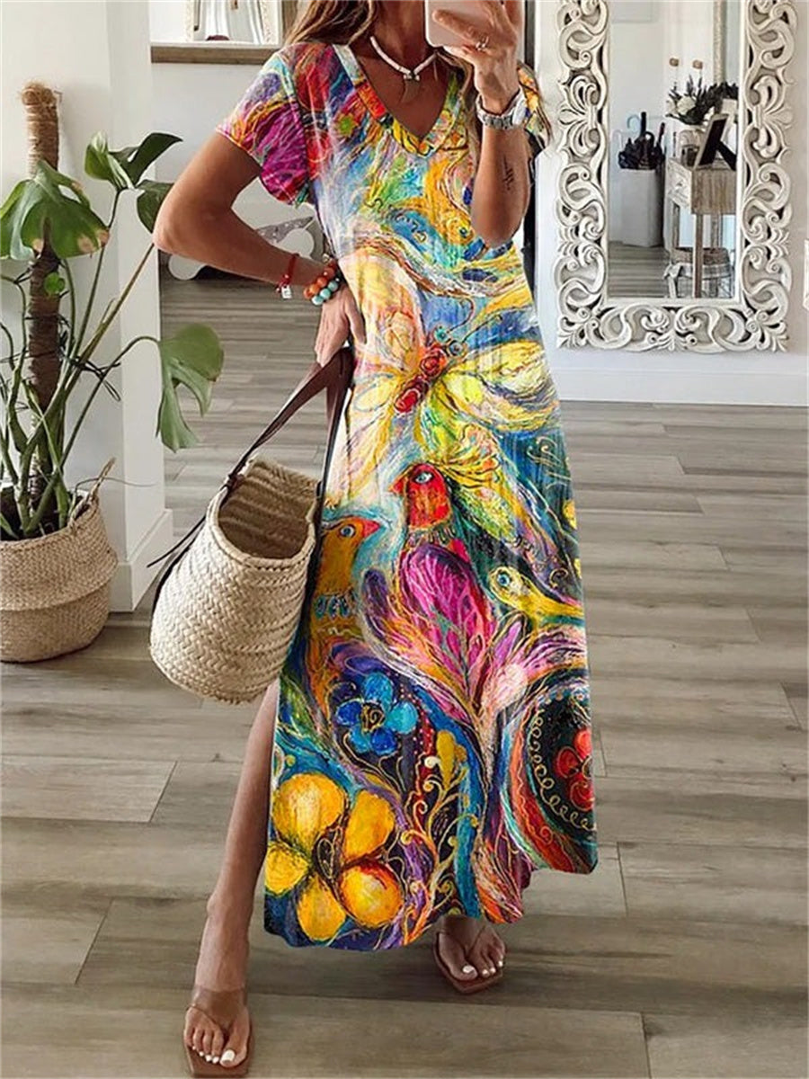 Petra | Abstract Print Short Sleeve Maxi Dress