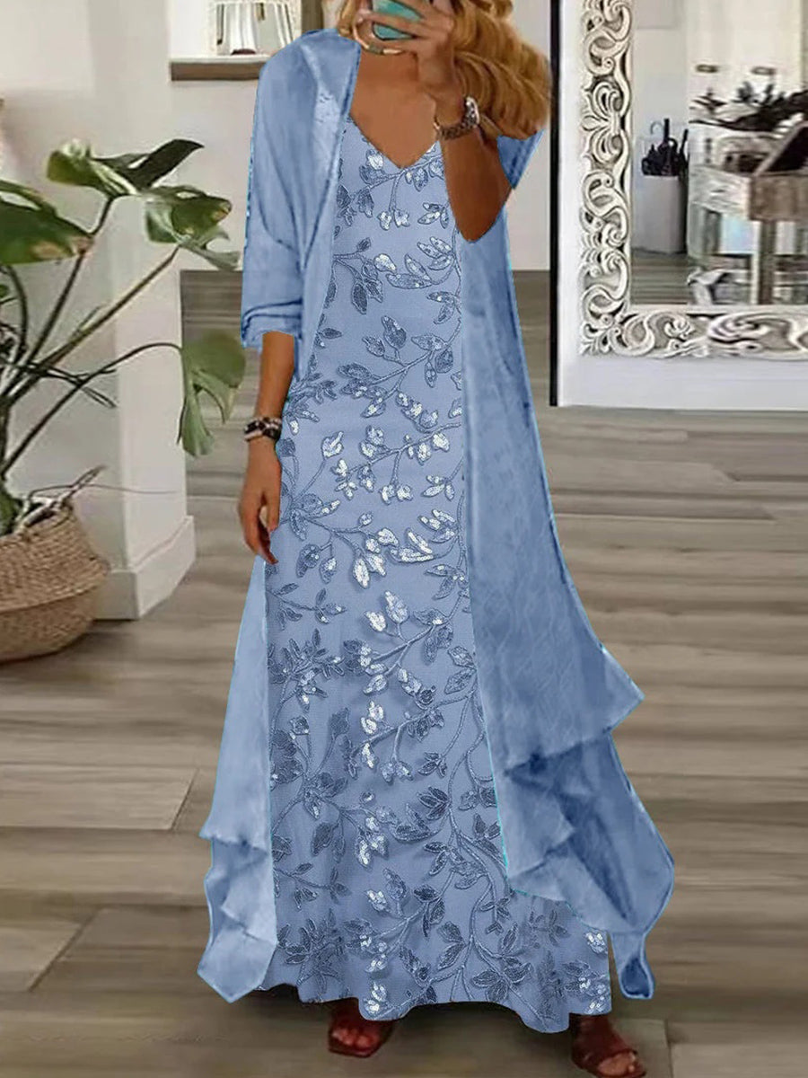 Bree | Floral V-Neck Long Sleeve Two-Piece Maxi Set