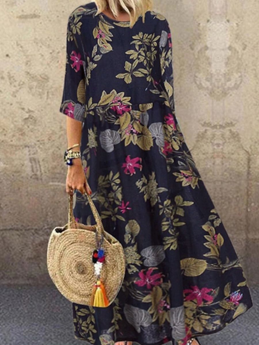 Nadia | Navy Floral Half Sleeve Round Neck Dress