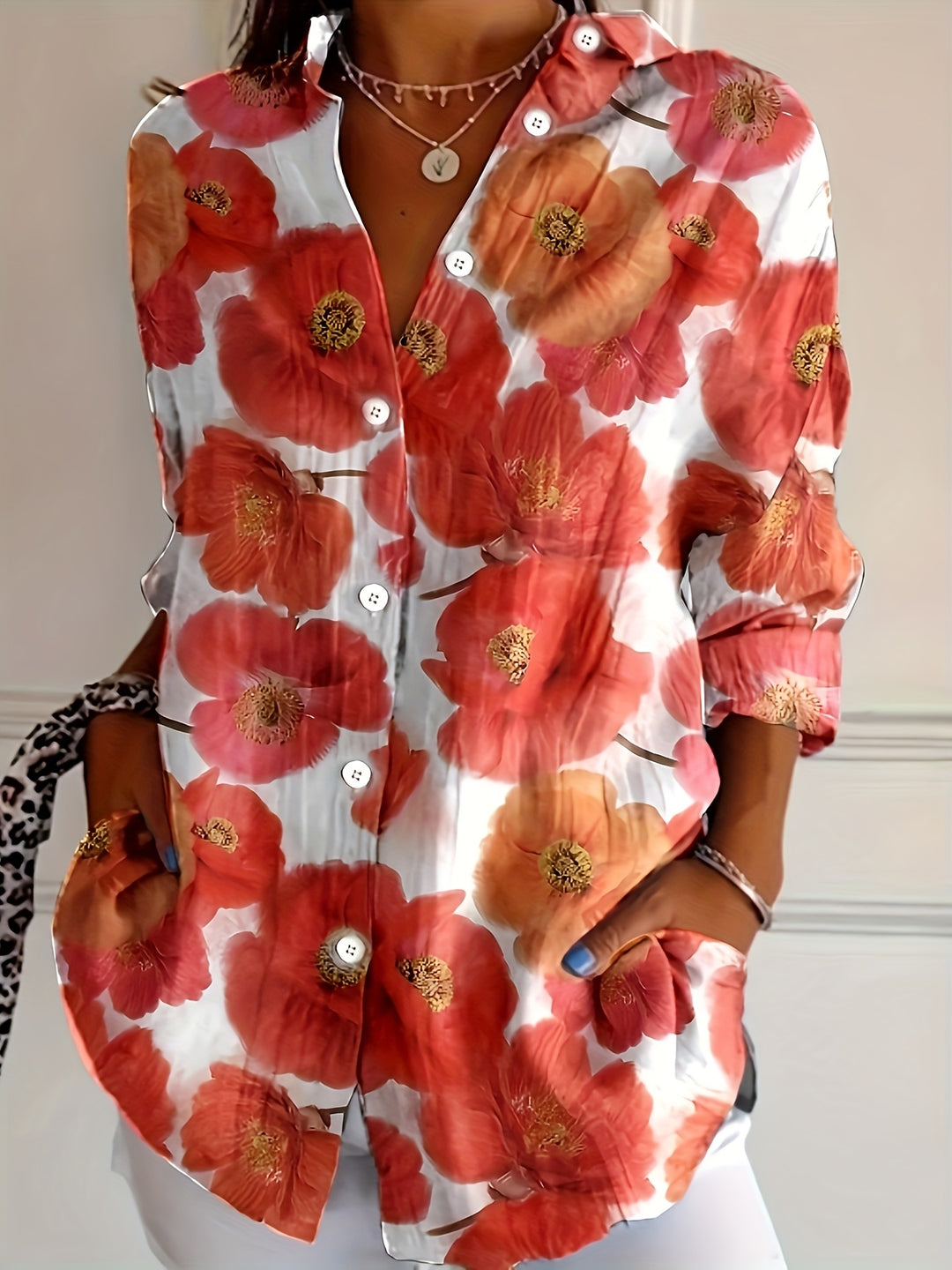 Ruby | Red Floral Button-Front Plus Size Blouse